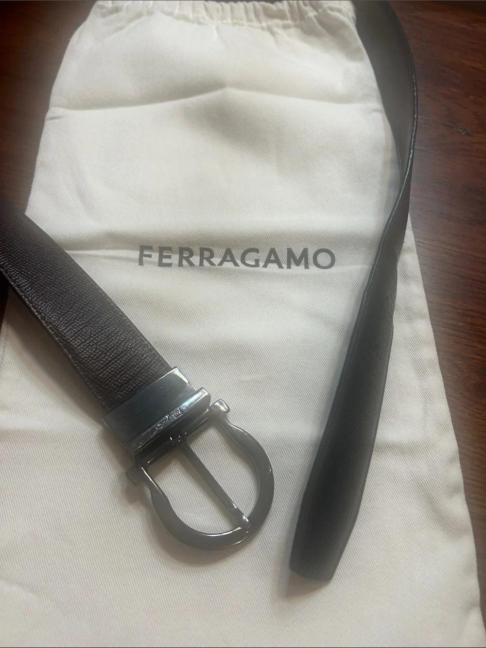 Salvatore Ferragamo Reversible Leather Belt Blk/Brn Made in Italy Silver Tone